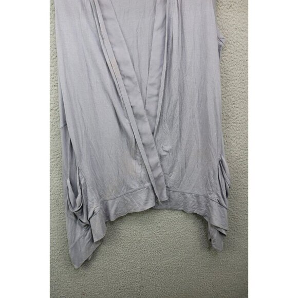 LOGO by Lori Goldstein Sleeveless Gray Silky Open Front Overlay-1X-Boho-Pockets - Picture 2 of 14